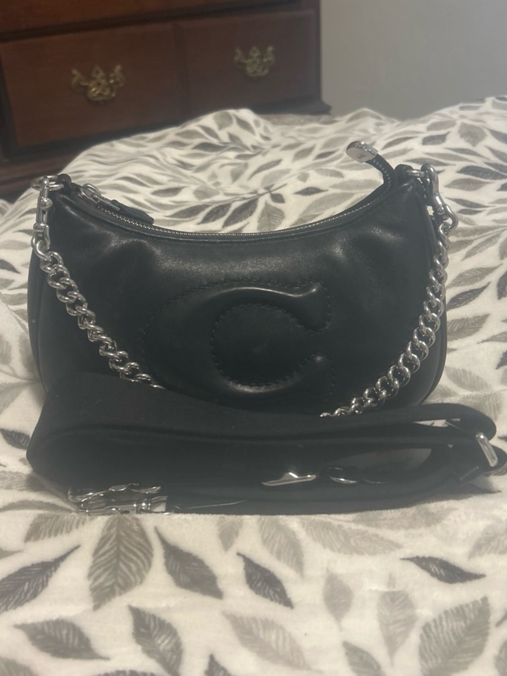 Coach Black Leather Shoulder Bag with Chain Accent
